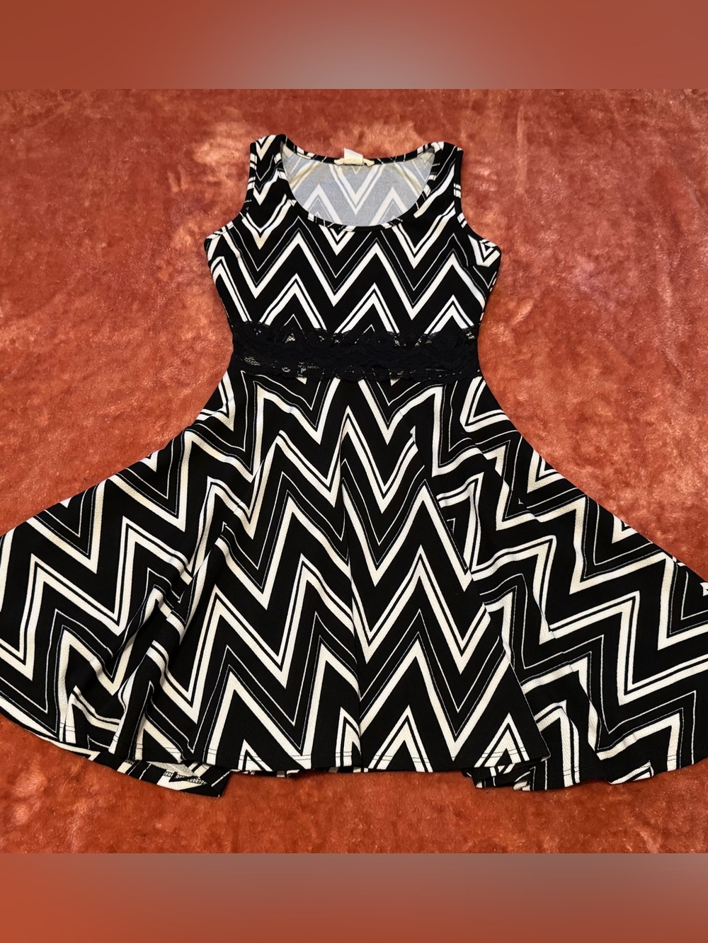 Wild Daisy Black and White Chevron Lace-Waist Fit & Flare Dress